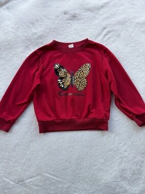 SHEIN Red Girls' Butterfly Sweatshirt with Leopard Print Accent Size 100 (3T/4T)